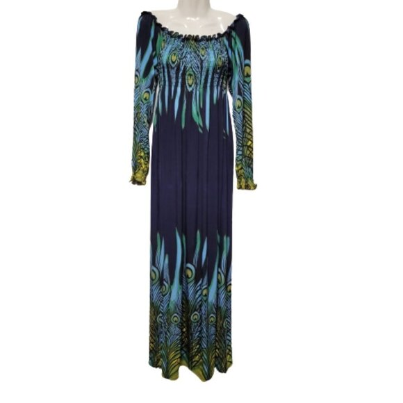 Long Sleeve Maxi Dress Peacok Motif Long Dress - One Size Fits Most- NEW ! - Picture 5 of 12